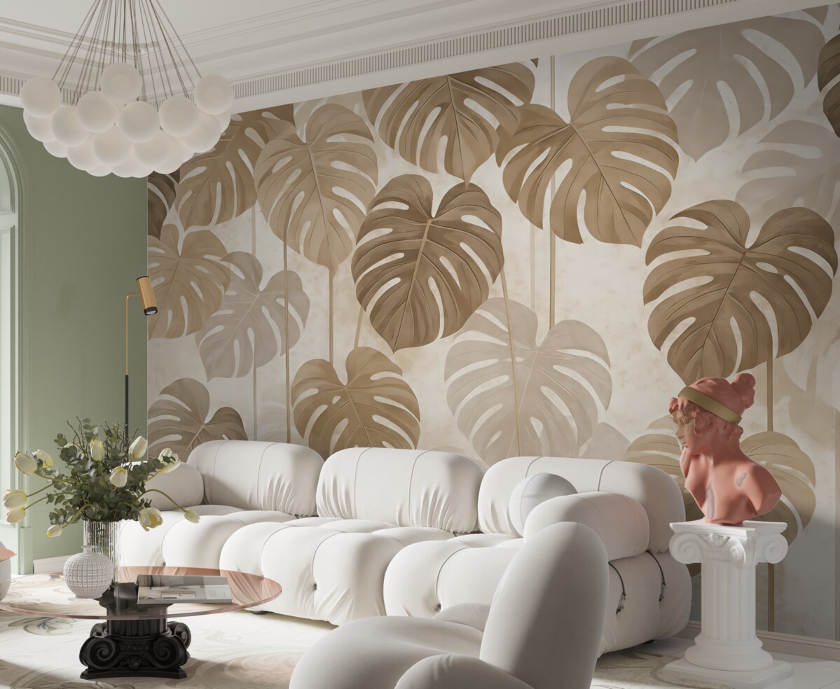 Fototapeta Monstera tropikalna pozostawia jasne tonacje beżu.