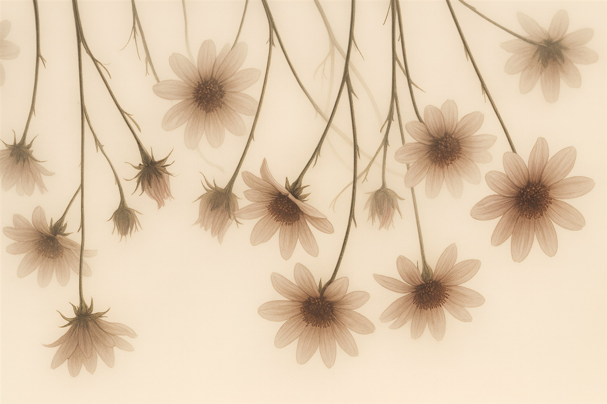 Fototapeta Subtelne kwiaty w mgle opadające z góry w odcieniach różu.