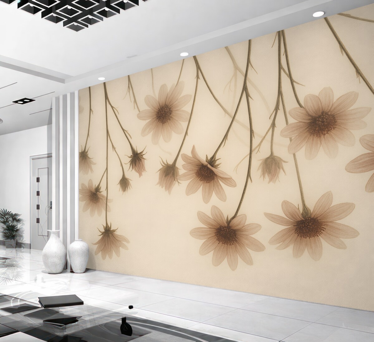 Fototapeta Subtelne kwiaty w mgle opadające z góry w odcieniach różu.