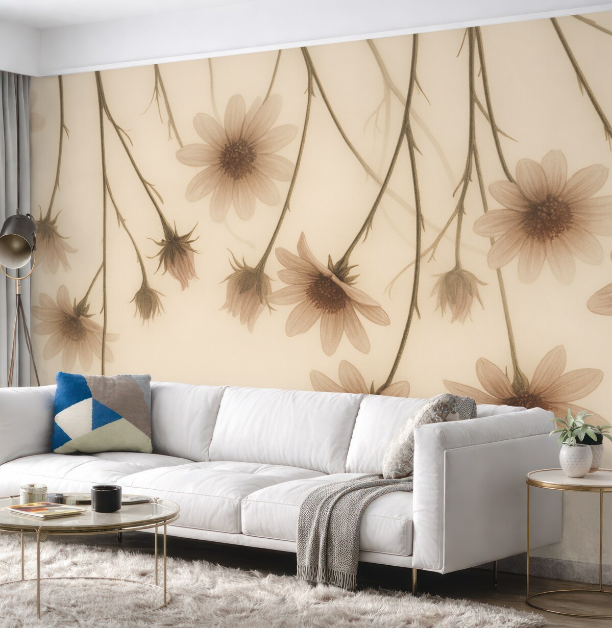 Fototapeta Subtelne kwiaty w mgle opadające z góry w odcieniach różu.