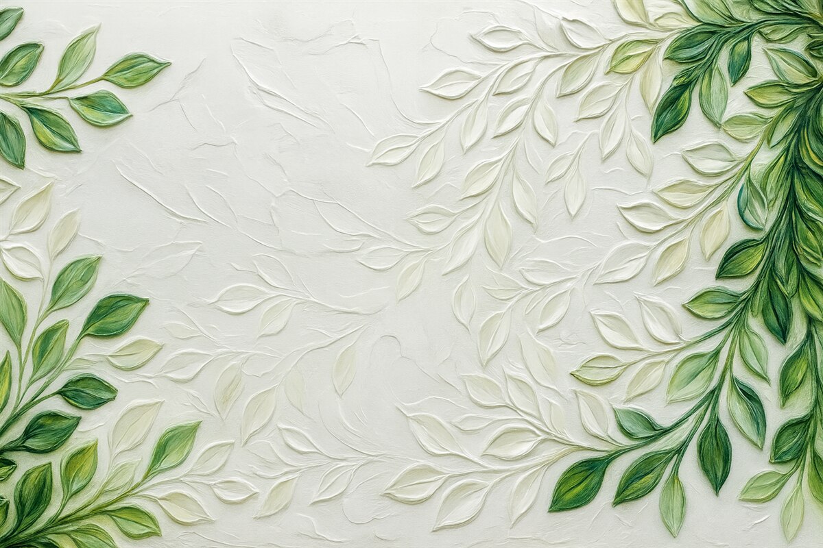 Fototapeta Obraz olejny 3D z zieloną gałązką na jasnym tle, minimalistyczny styl w boho.