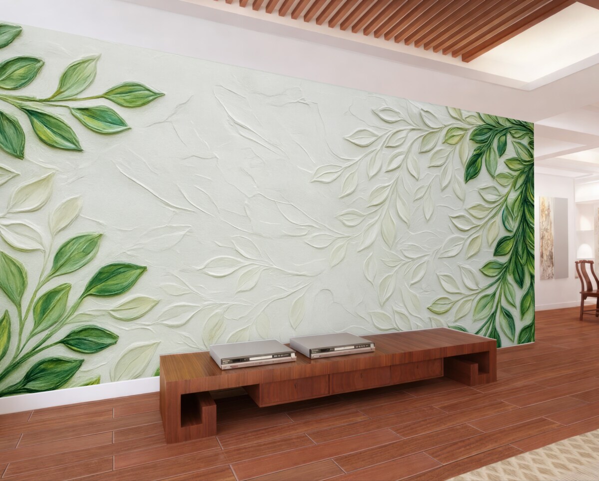 Fototapeta Obraz olejny 3D z zieloną gałązką na jasnym tle, minimalistyczny styl w boho.