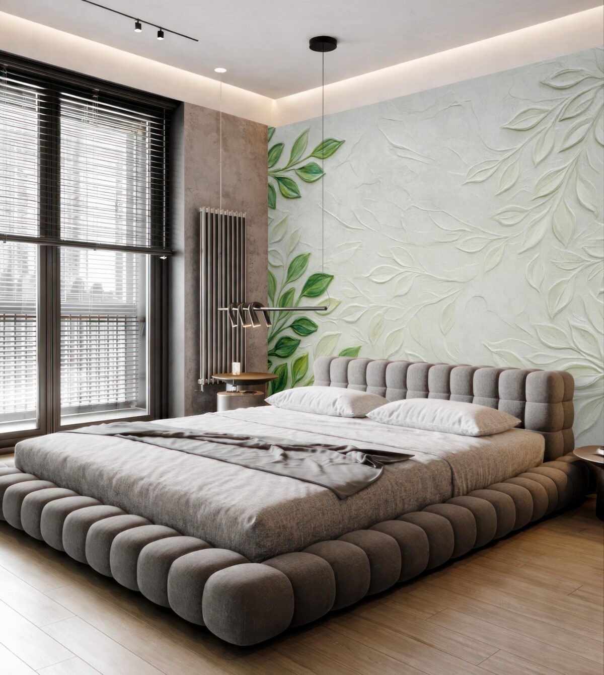 Fototapeta Obraz olejny 3D z zieloną gałązką na jasnym tle, minimalistyczny styl w boho.