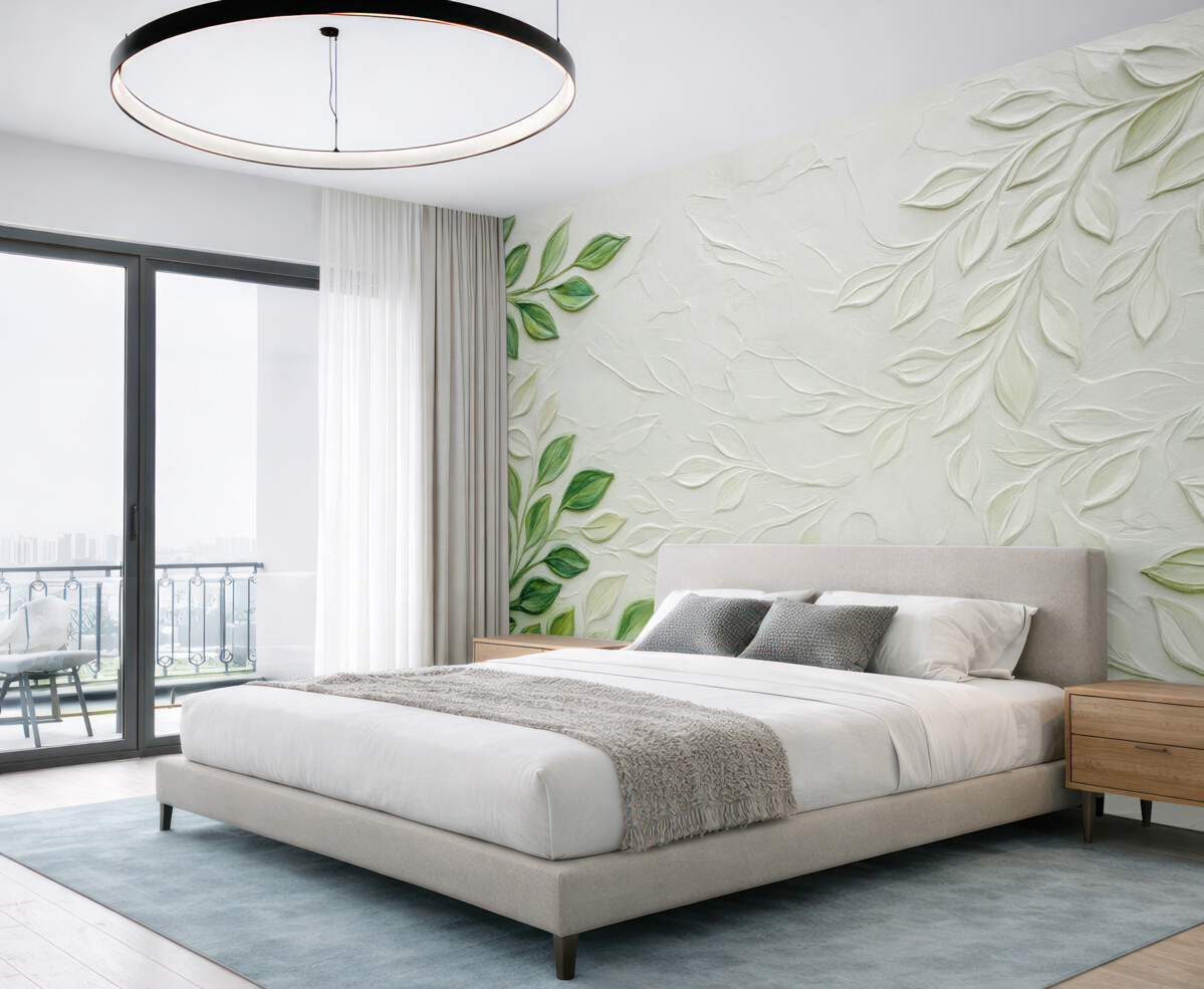 Fototapeta Obraz olejny 3D z zieloną gałązką na jasnym tle, minimalistyczny styl w boho.