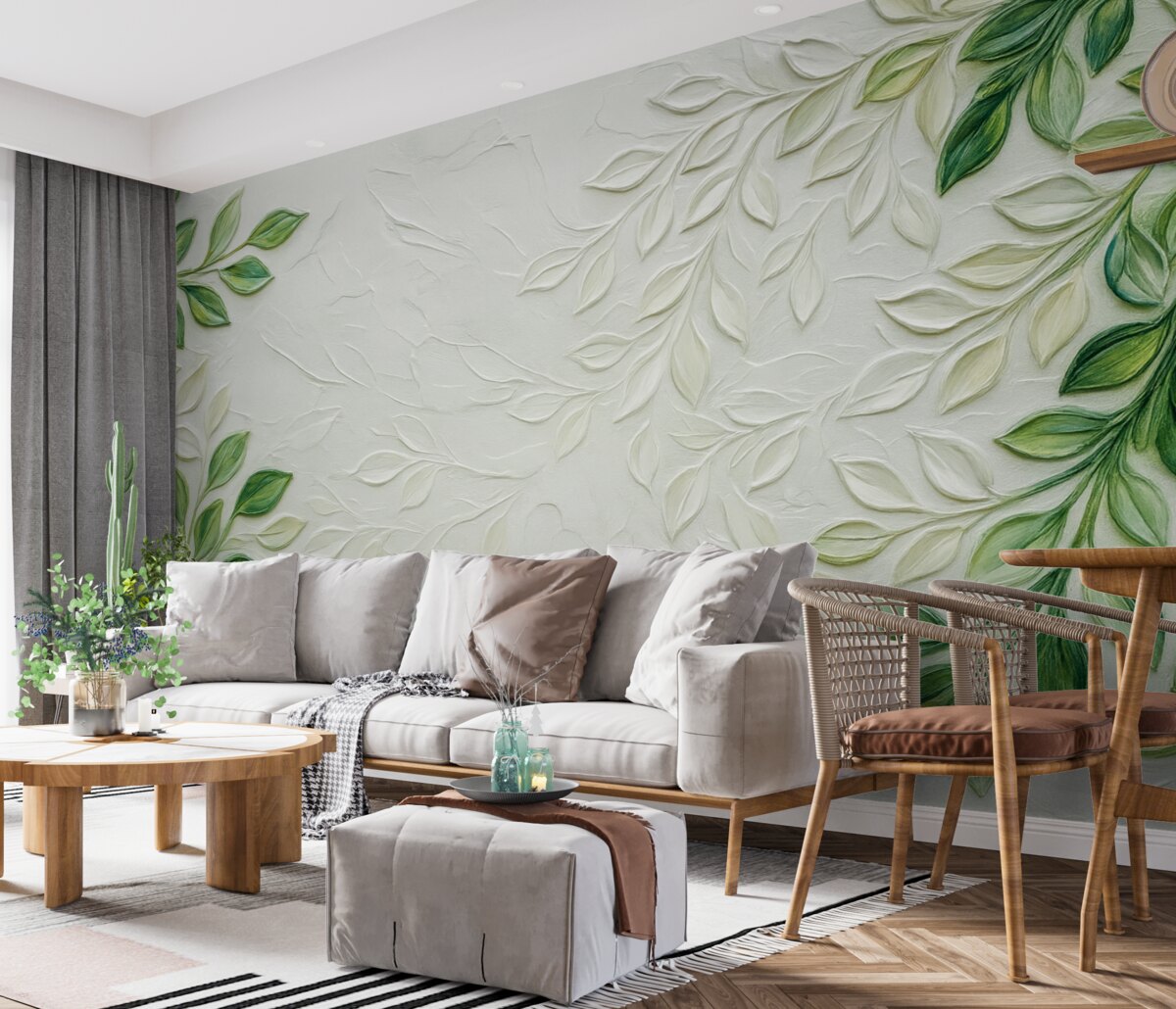 Fototapeta Obraz olejny 3D z zieloną gałązką na jasnym tle, minimalistyczny styl w boho.