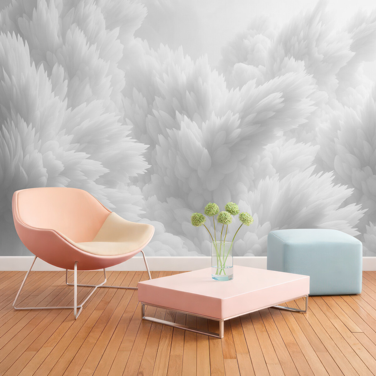 Fototapeta Abstrakcyjna kompozycja kryształków śniegu w wielowarstwowej strukturze piór w eterealnej atmosferze.