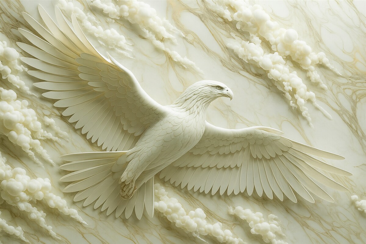 Fototapeta 3D biały orzeł na tle chmur i kamienia marmurowego.