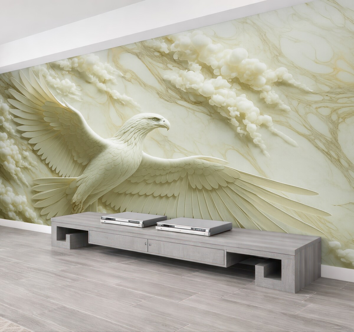 Fototapeta 3D biały orzeł na tle chmur i kamienia marmurowego.