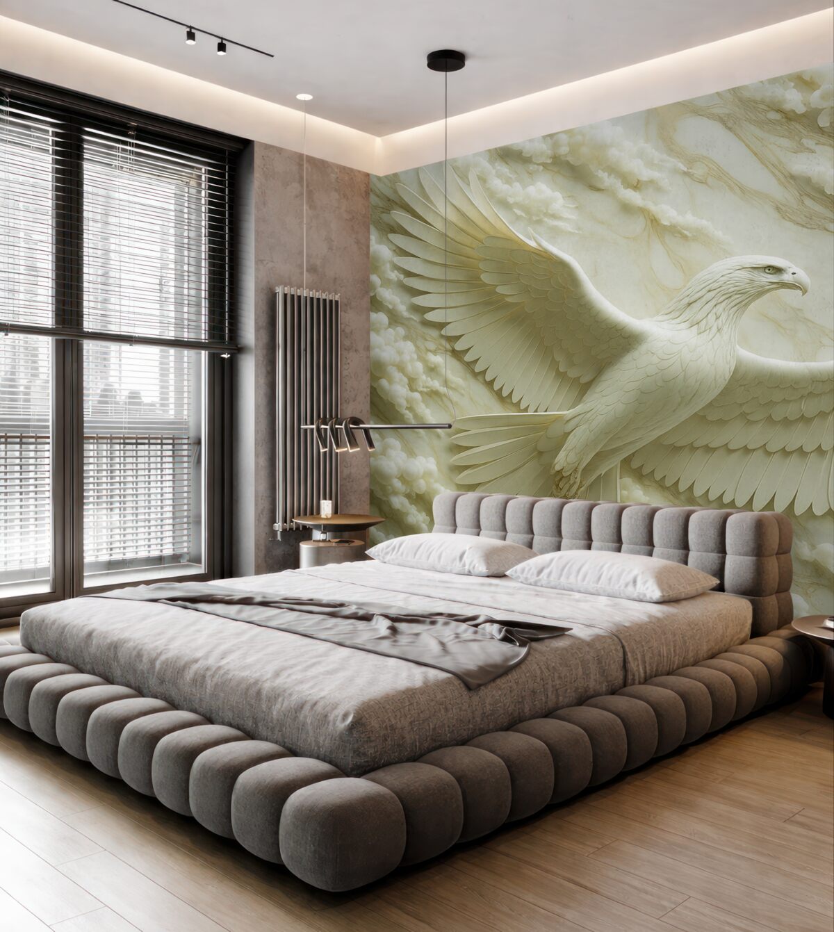 Fototapeta 3D biały orzeł na tle chmur i kamienia marmurowego.