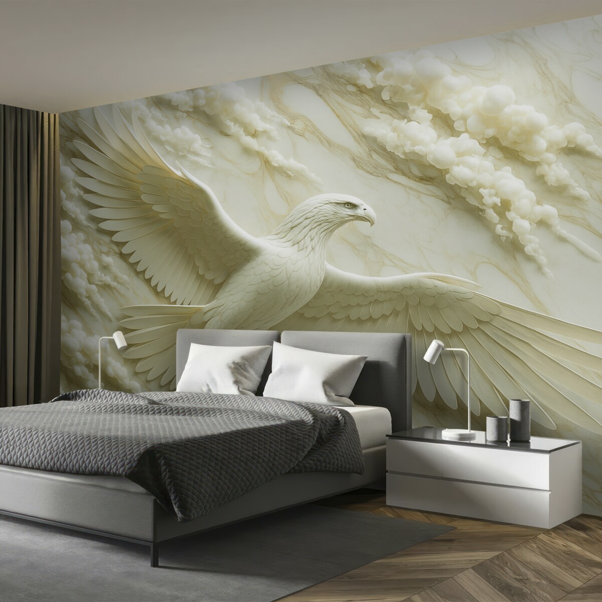 Fototapeta 3D biały orzeł na tle chmur i kamienia marmurowego.