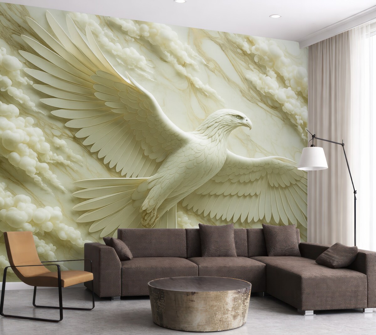 Fototapeta 3D biały orzeł na tle chmur i kamienia marmurowego.