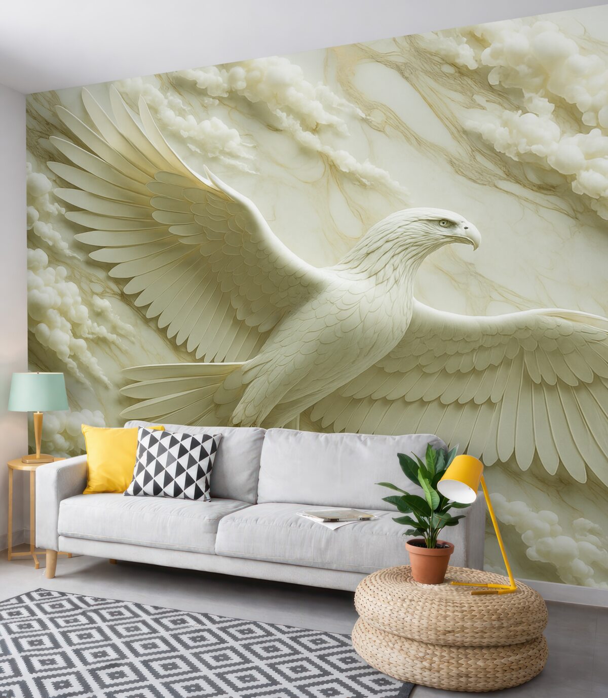 Fototapeta 3D biały orzeł na tle chmur i kamienia marmurowego.