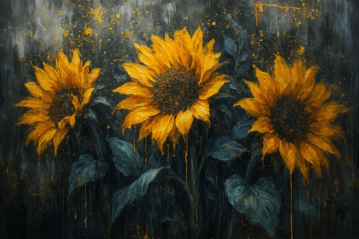 Fototapeta Abstrakcyjny obraz ukazujący słoneczniki, ciemnoszare tło oraz żółte odcienie.