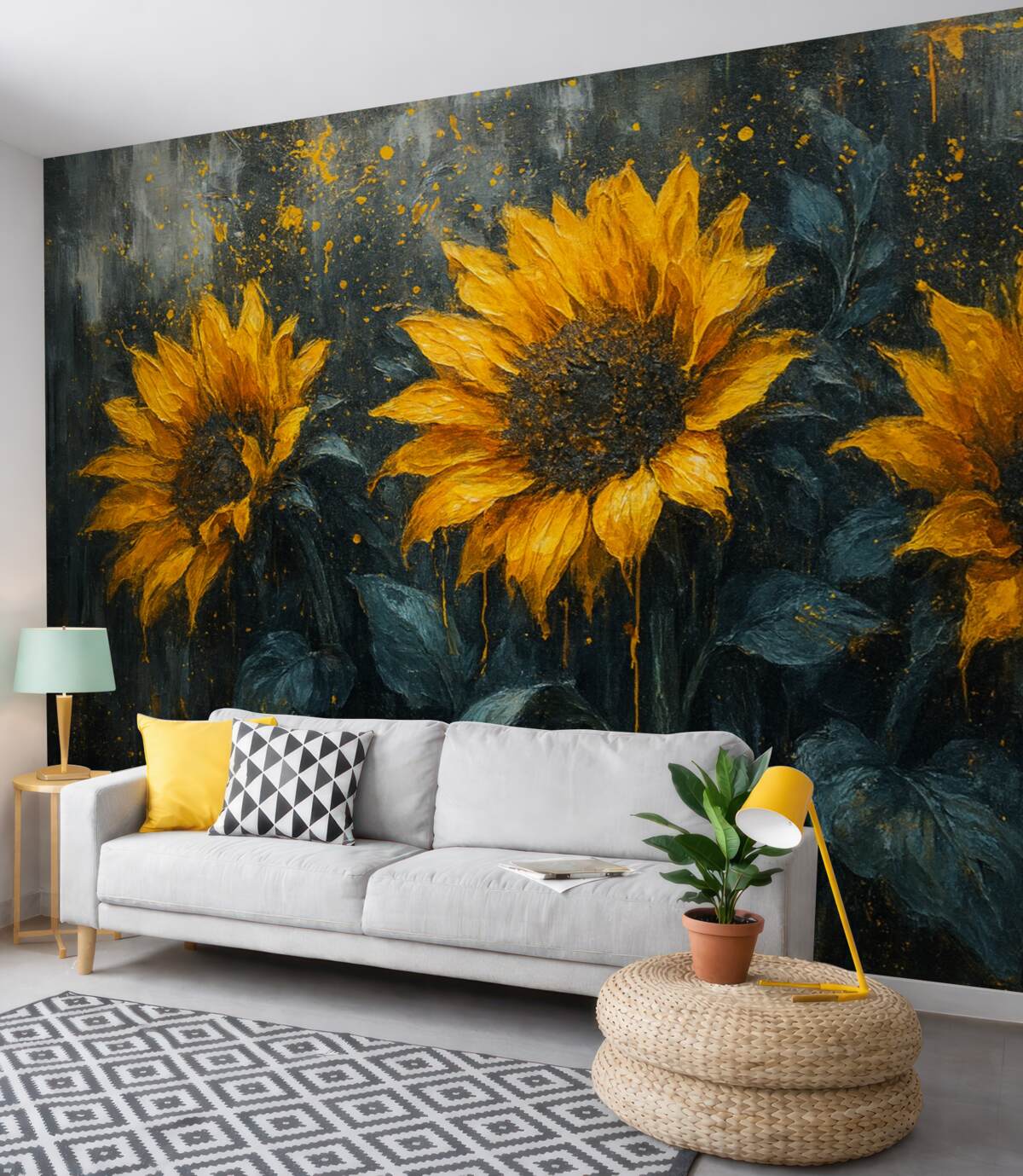 Fototapeta Abstrakcyjny obraz ukazujący słoneczniki, ciemnoszare tło oraz żółte odcienie.