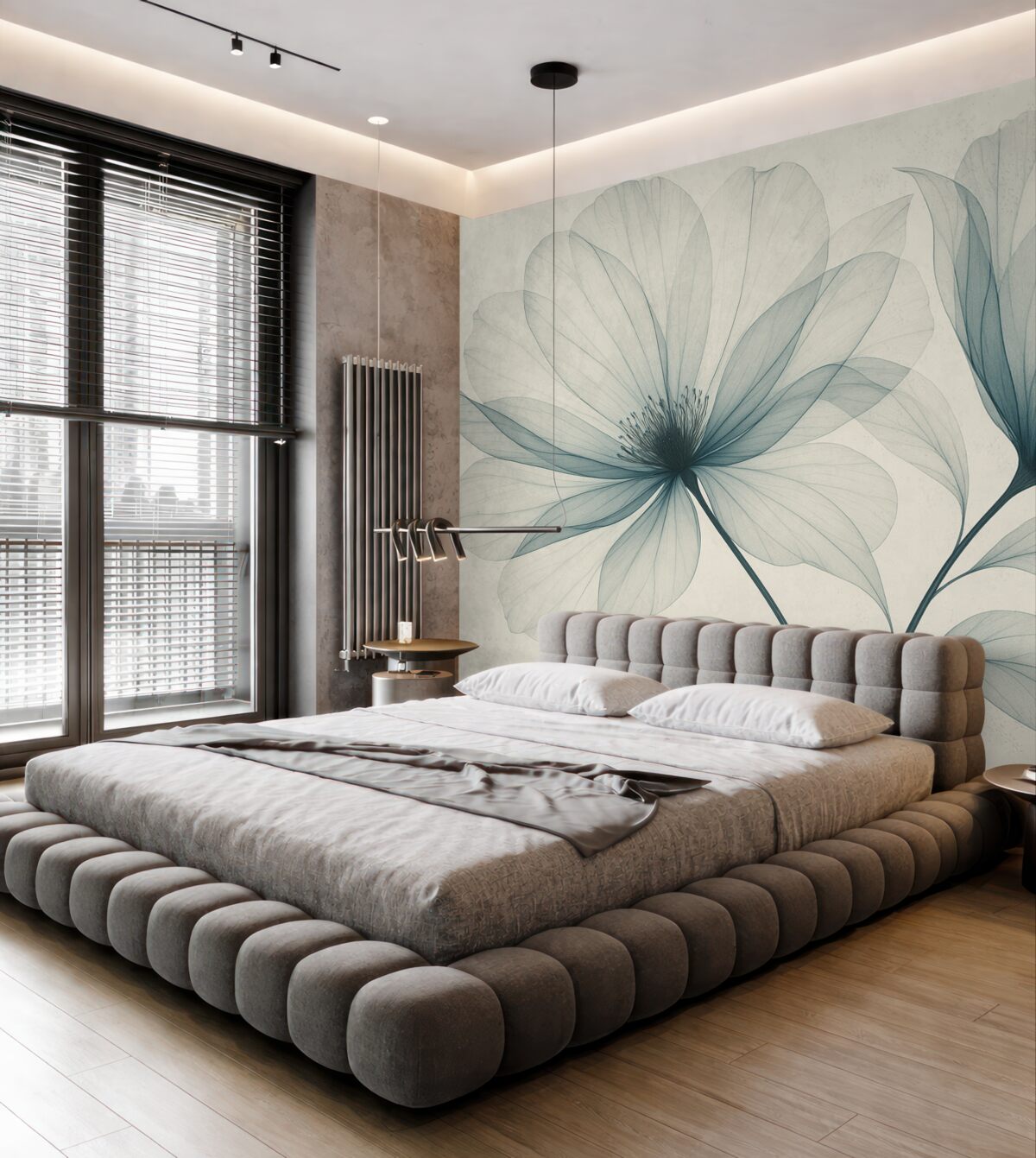 Fototapeta Niebieski przezroczysty kwiat w stylu rentgenowskim na jasnym tle Minimalistyczny jednolity wzór roślinny.