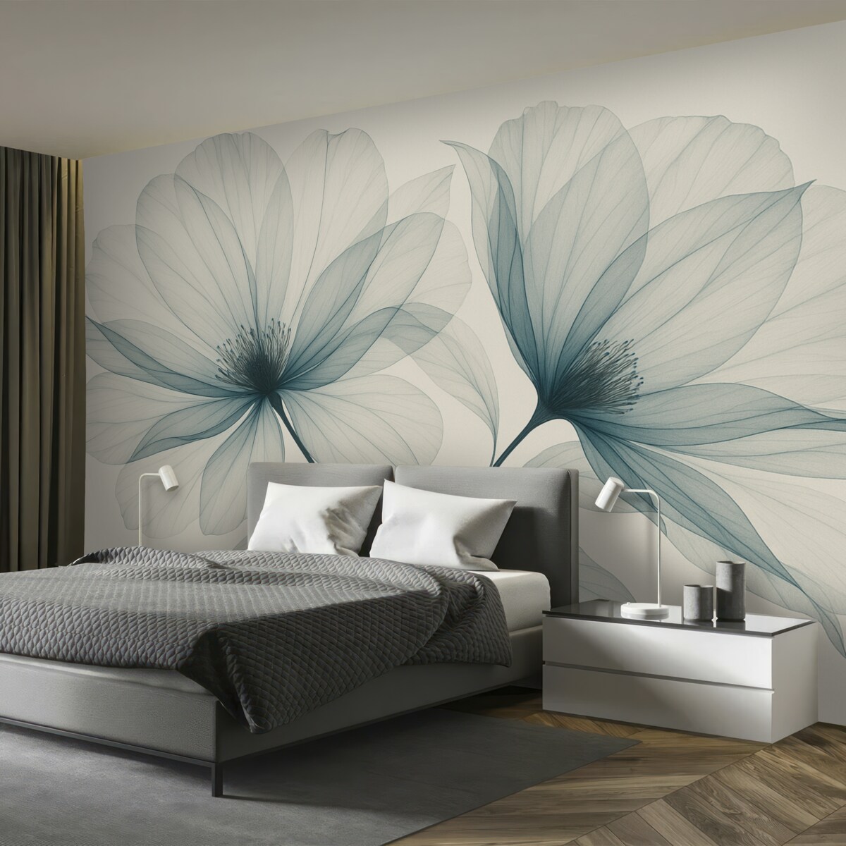 Fototapeta Niebieski przezroczysty kwiat w stylu rentgenowskim na jasnym tle Minimalistyczny jednolity wzór roślinny.