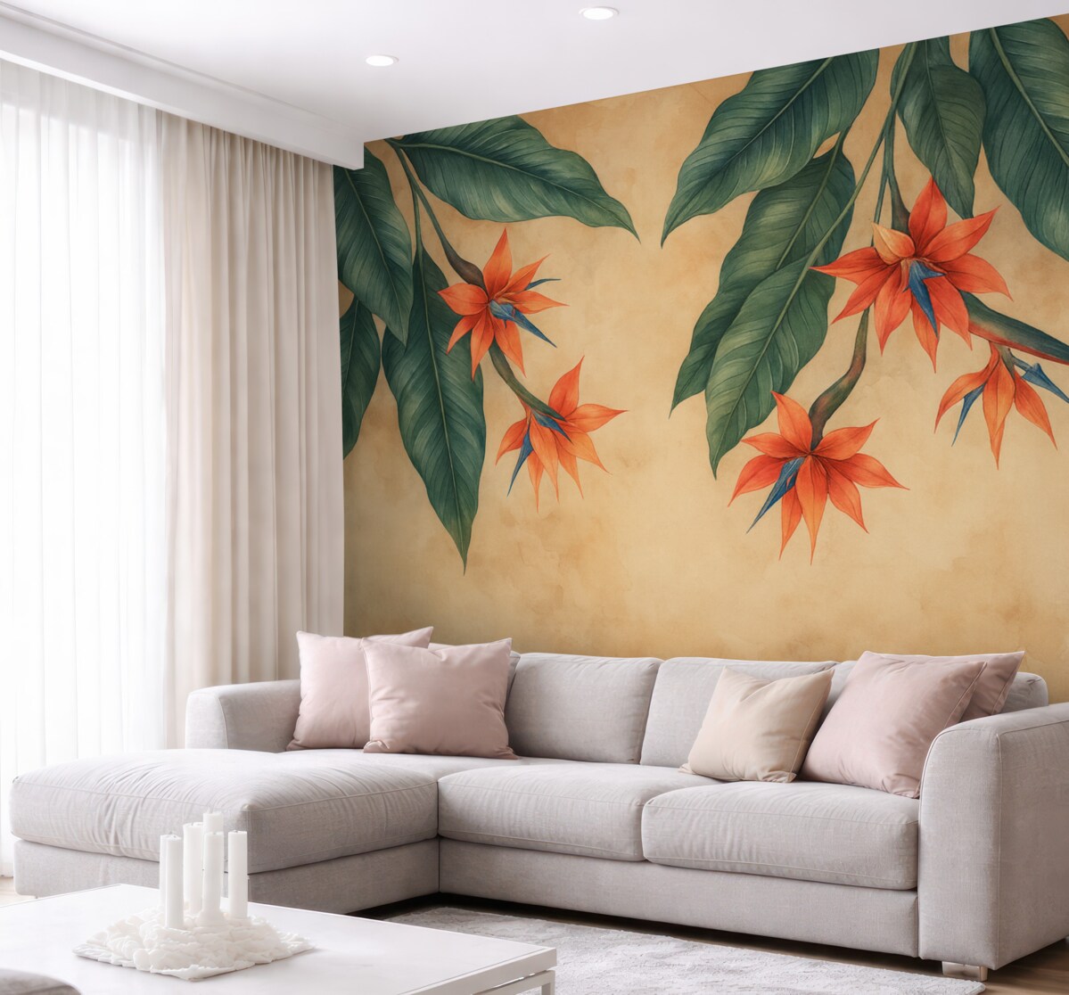 Fototapeta Tropikalny kwiat na beżowym tle w akwareli.