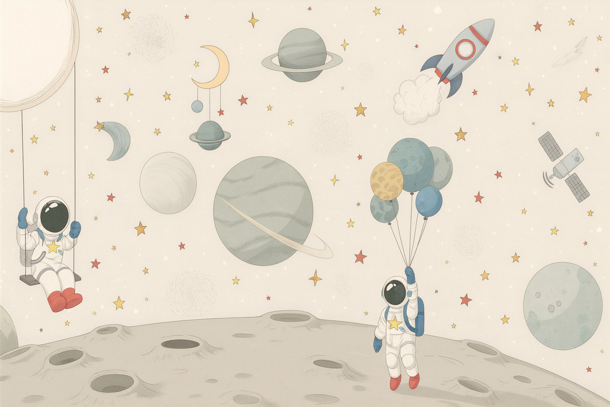 Fototapeta Tworzenie przestrzeni kosmicznej z astronautami, planetami, statkami kosmicznymi i gwiazdami.