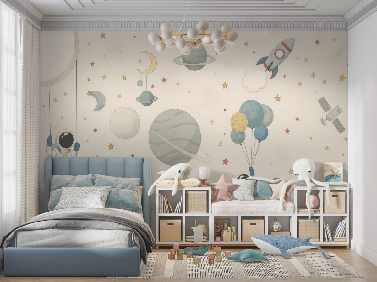 Fototapeta Tworzenie przestrzeni kosmicznej z astronautami, planetami, statkami kosmicznymi i gwiazdami.