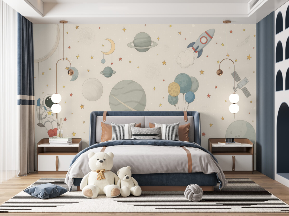 Fototapeta Tworzenie przestrzeni kosmicznej z astronautami, planetami, statkami kosmicznymi i gwiazdami.