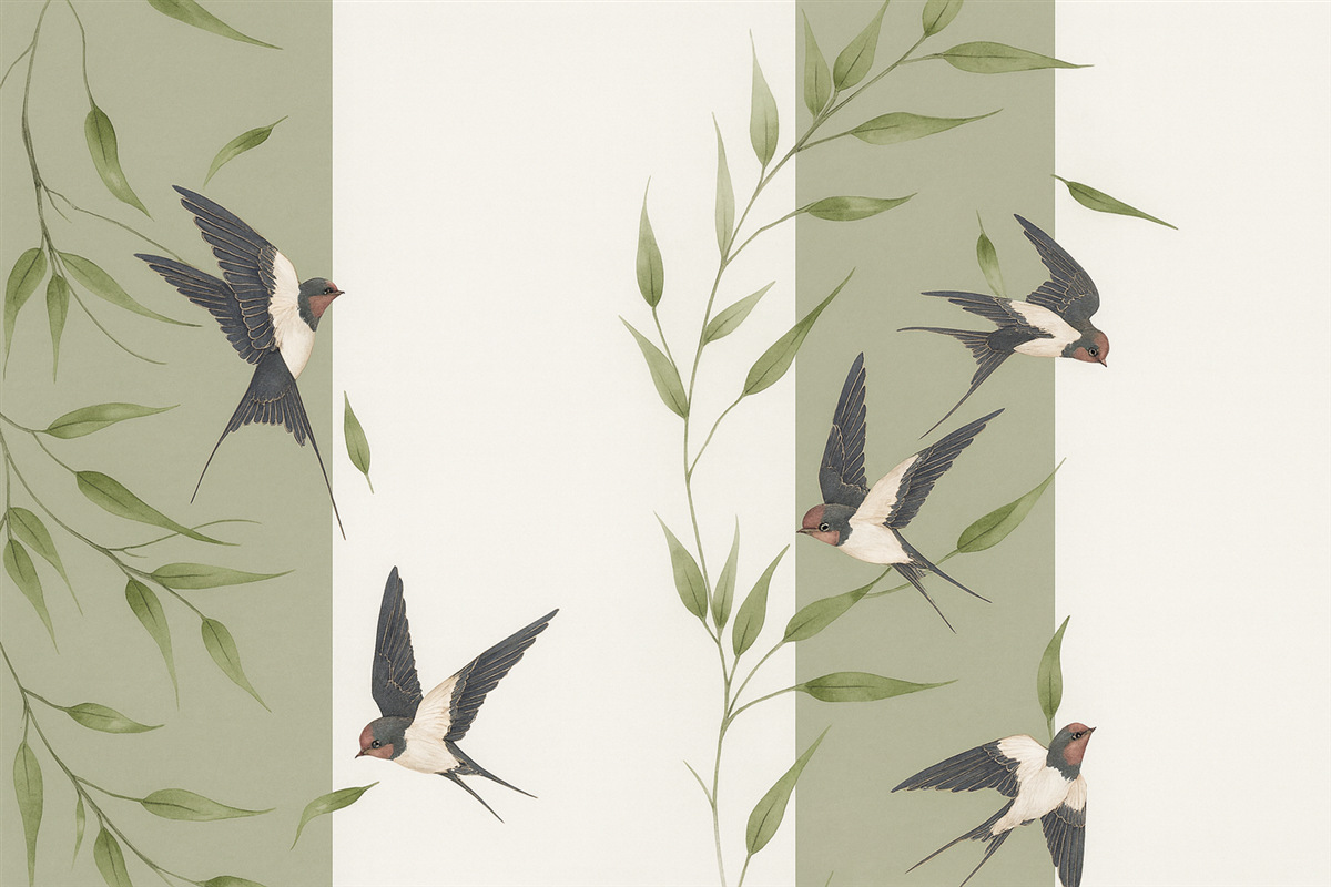 Fototapeta Roślinny wzór z liśćmi i ptakami.