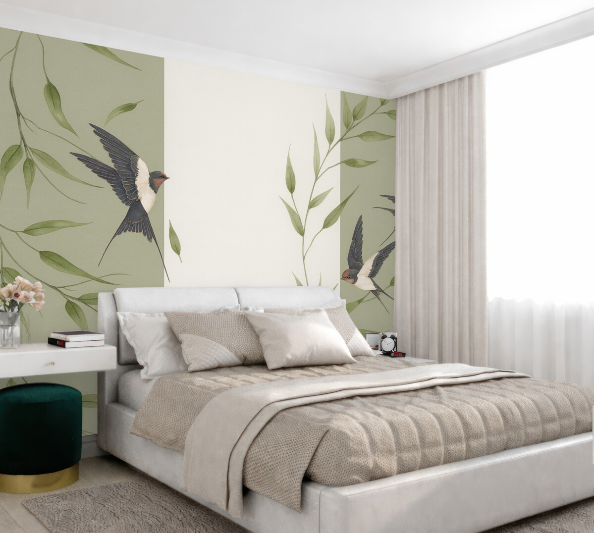 Fototapeta Roślinny wzór z liśćmi i ptakami.