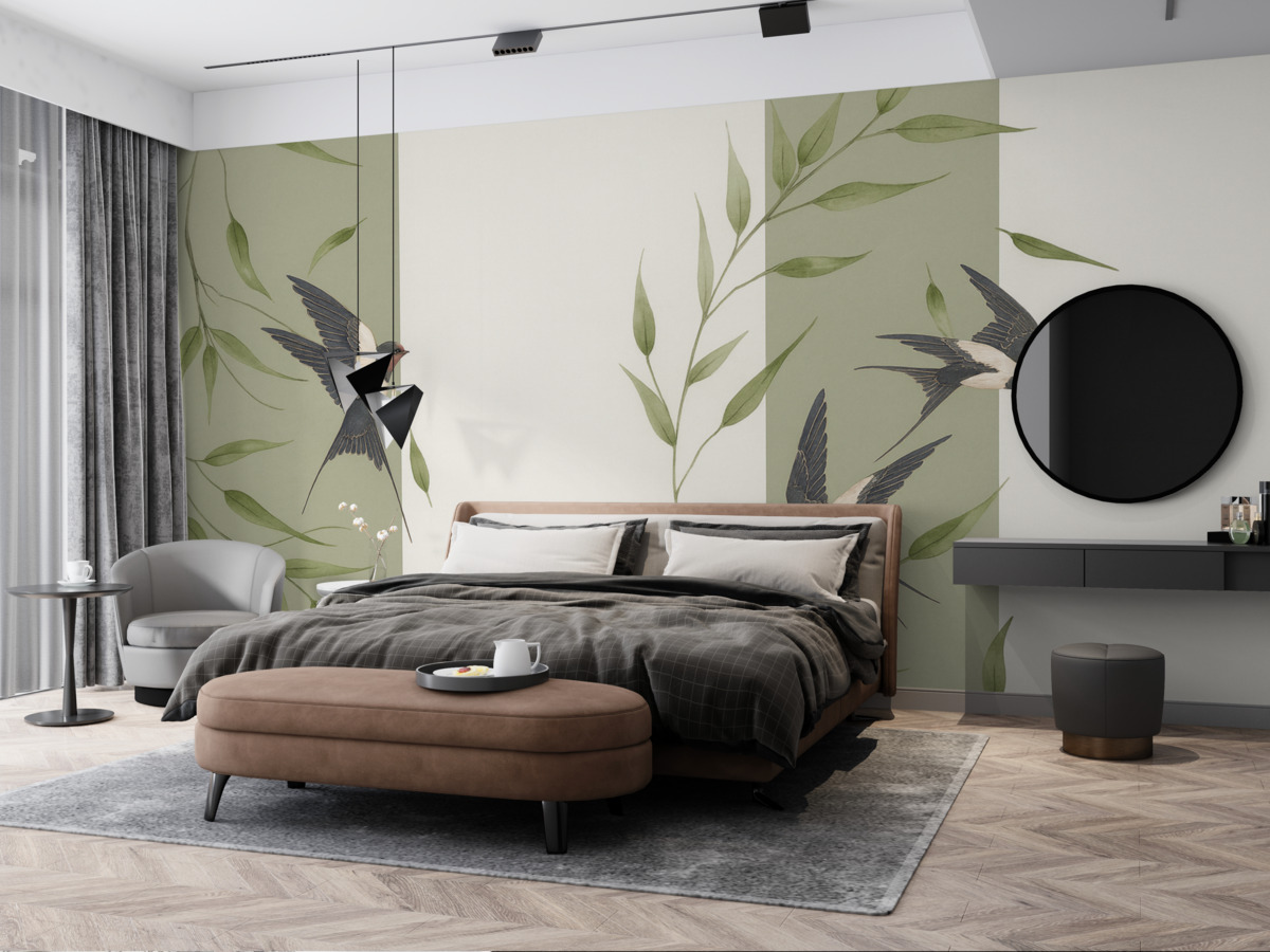 Fototapeta Roślinny wzór z liśćmi i ptakami.