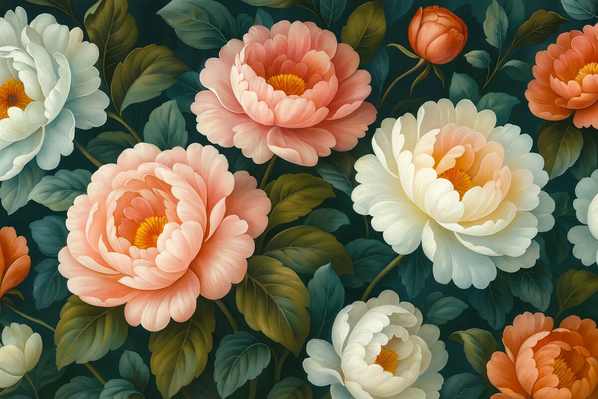 Fototapeta Jasny bukiet dużych, rozłożystych piwonii i kwitnących róż.