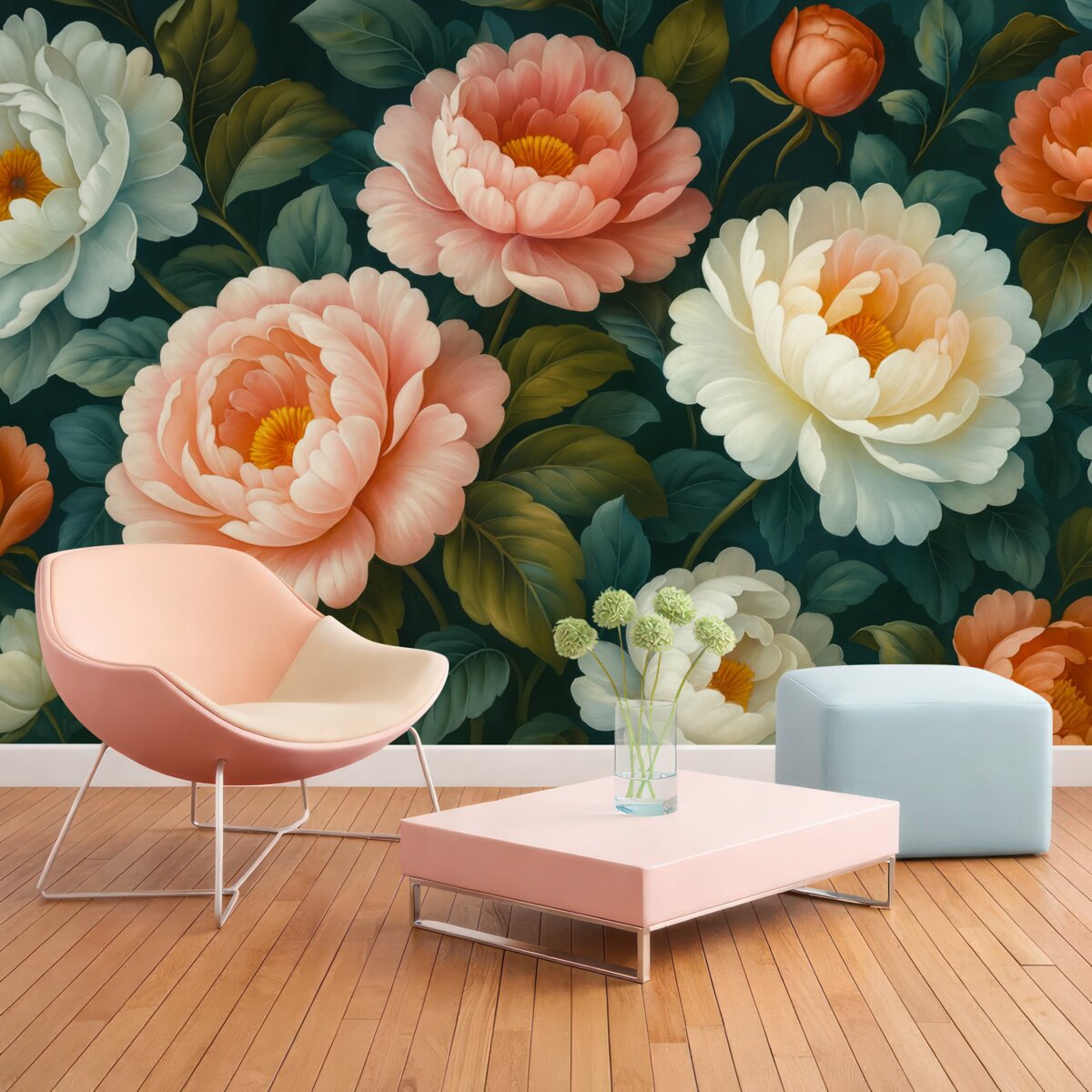 Fototapeta Jasny bukiet dużych, rozłożystych piwonii i kwitnących róż.