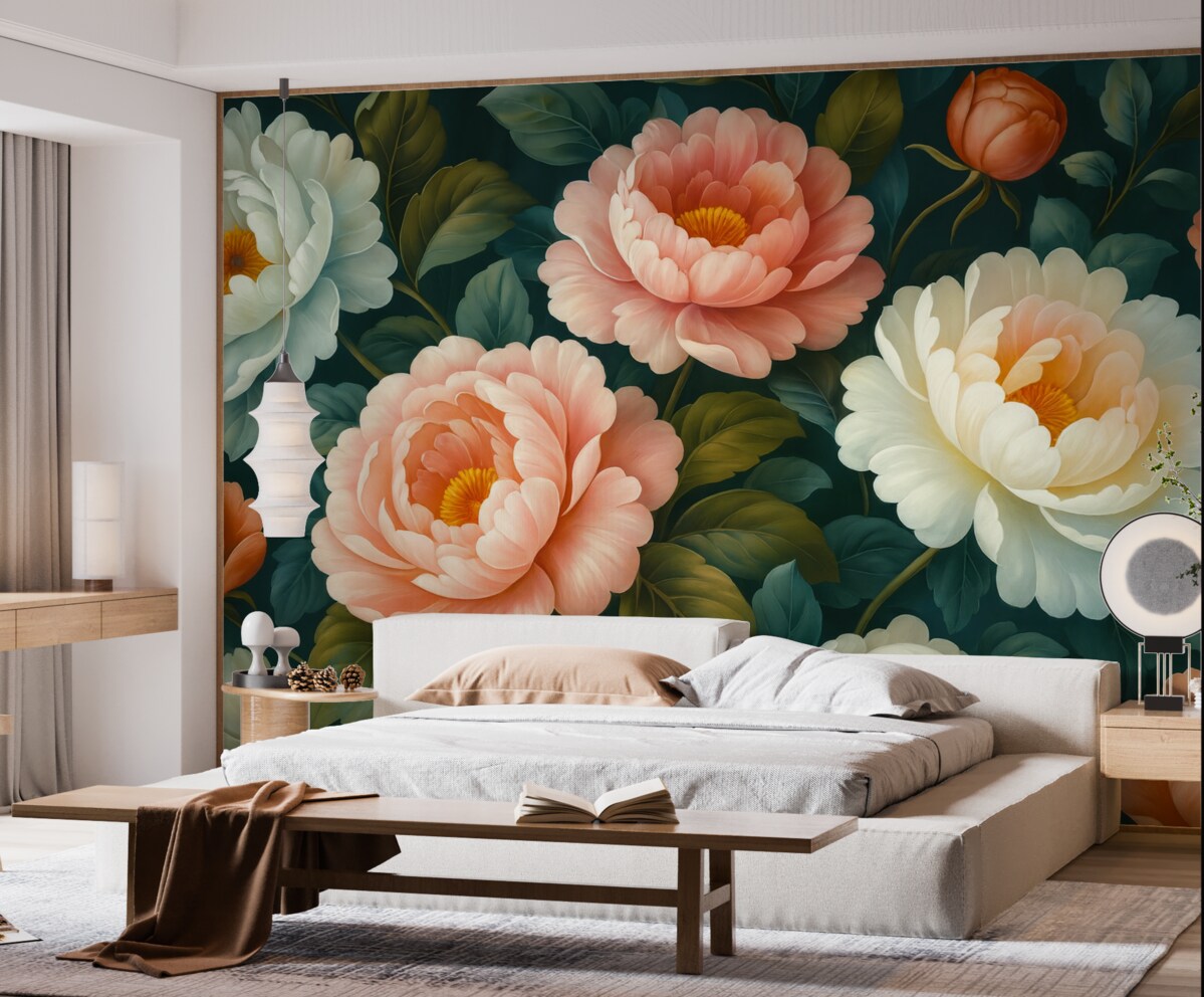 Fototapeta Jasny bukiet dużych, rozłożystych piwonii i kwitnących róż.