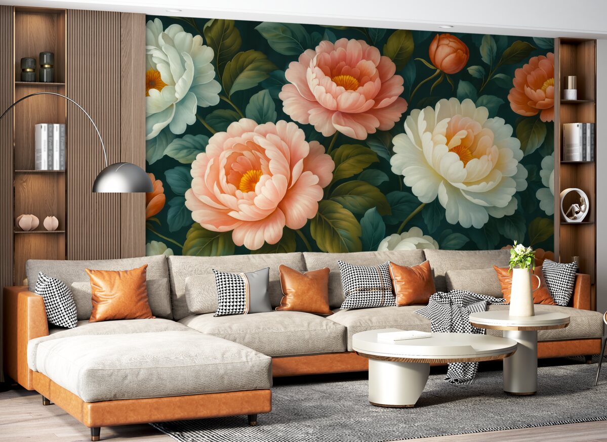 Fototapeta Jasny bukiet dużych, rozłożystych piwonii i kwitnących róż.