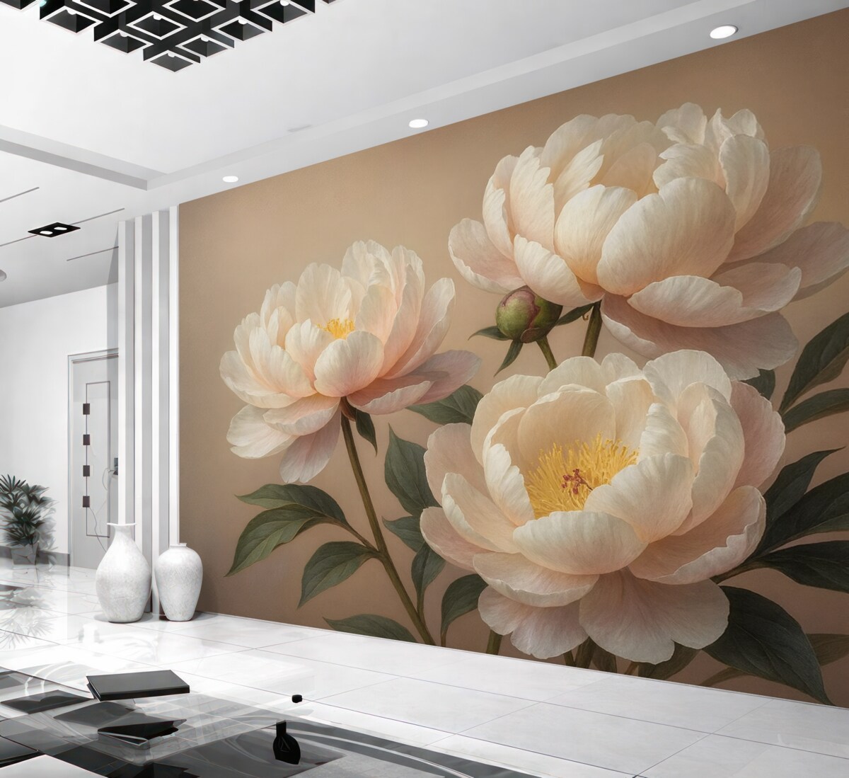 Fototapeta Kwiaty piwonii, w odcieniu beżowym, mlecznym.