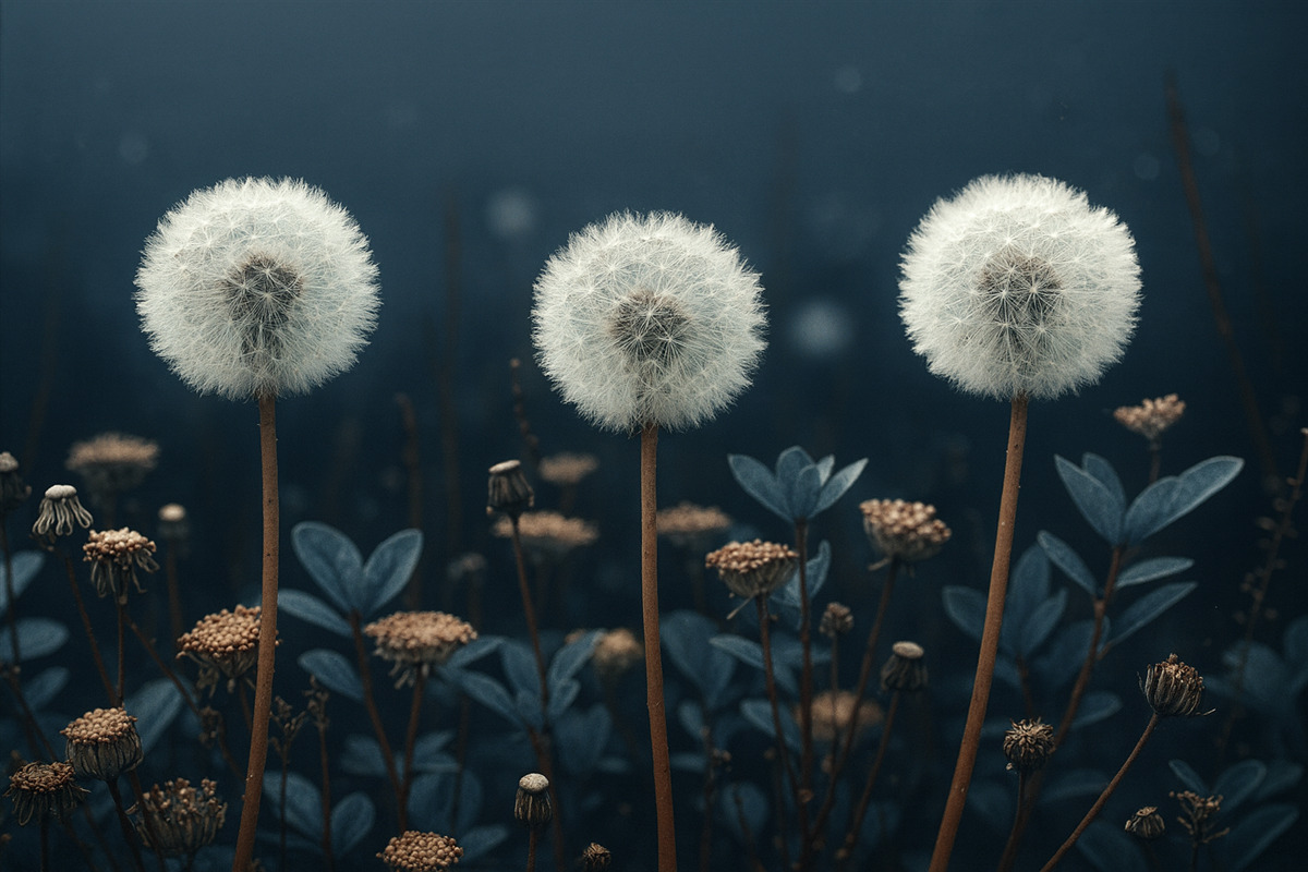 Fototapeta Mniszek lekarski, błękitny, trzy mniszki lecznicze.