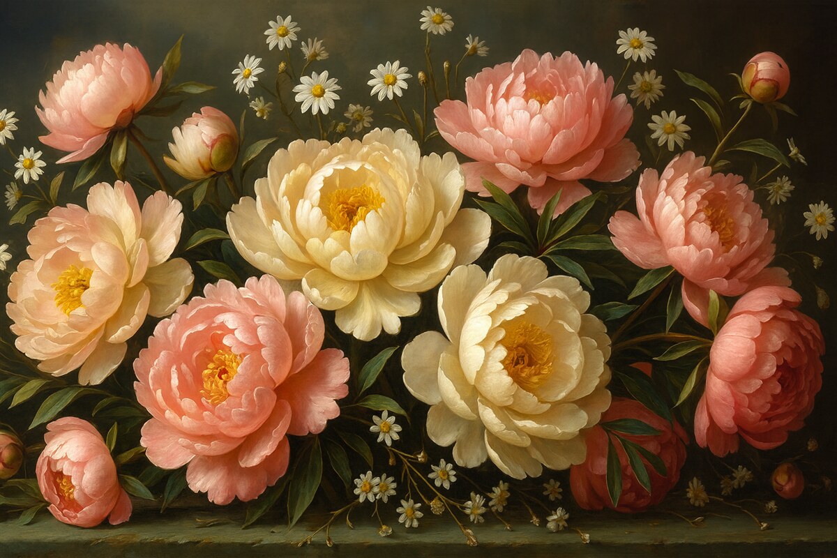 Fototapeta Bukiet piwonii w odcieniach beżu i różu.