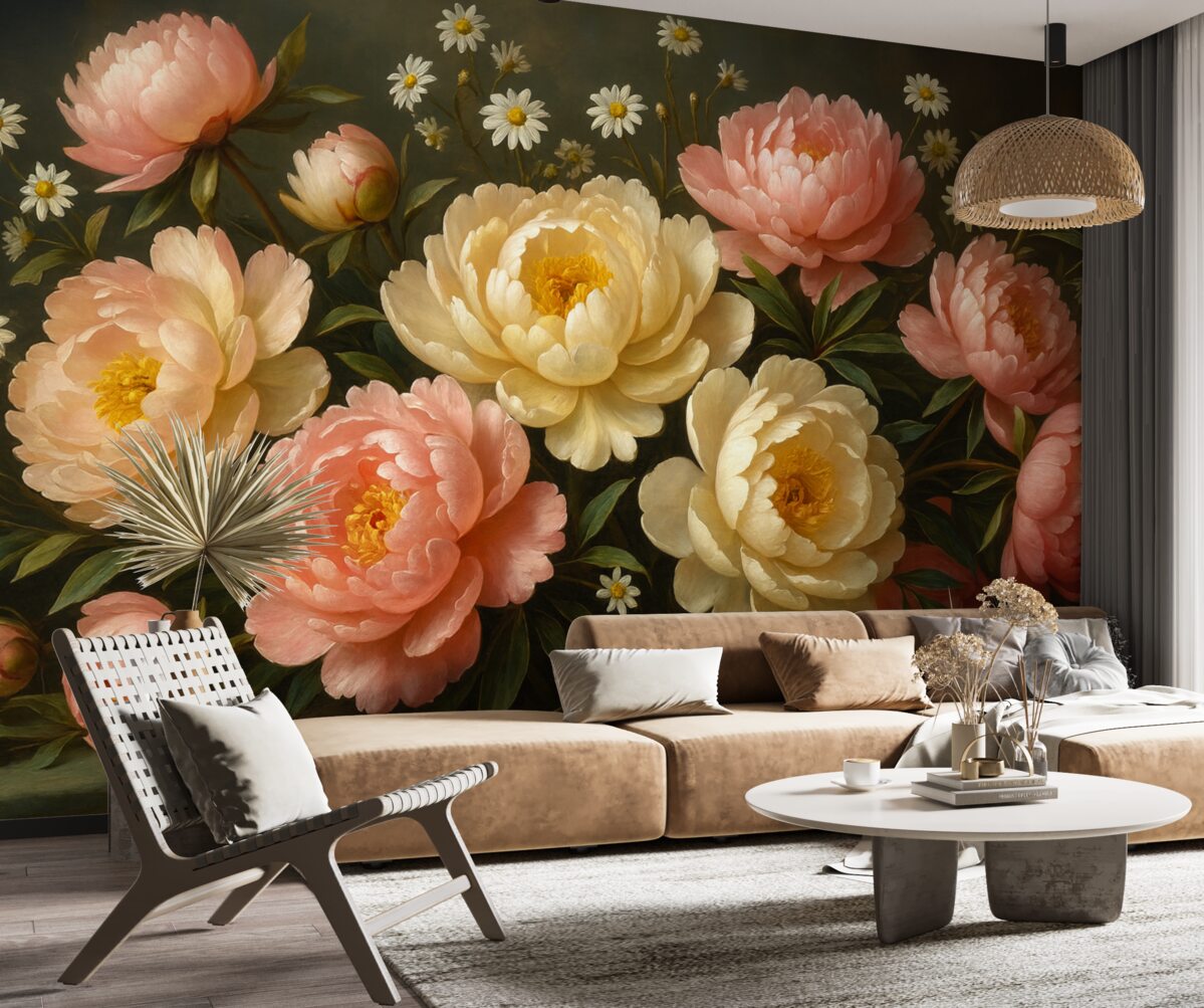 Fototapeta Bukiet piwonii w odcieniach beżu i różu.