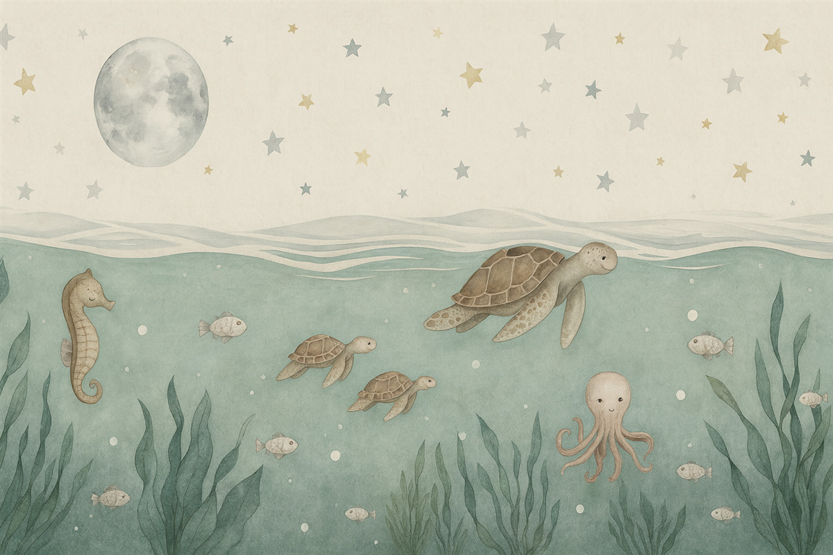 Fototapeta Motyw oceaniczny z żółwiami, konikiem morskim, rybkami i pełnią księżyca.