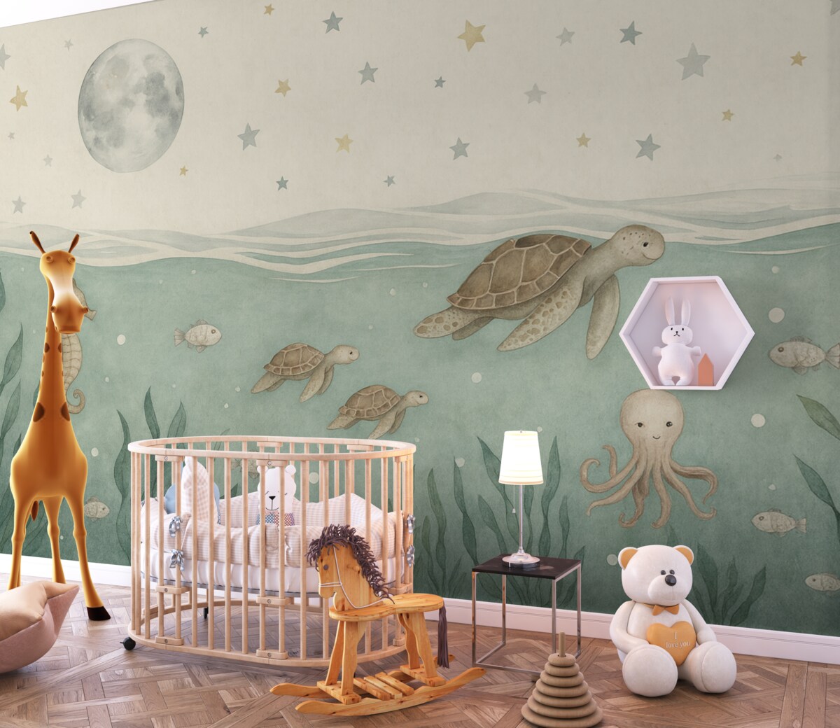 Fototapeta Motyw oceaniczny z żółwiami, konikiem morskim, rybkami i pełnią księżyca.