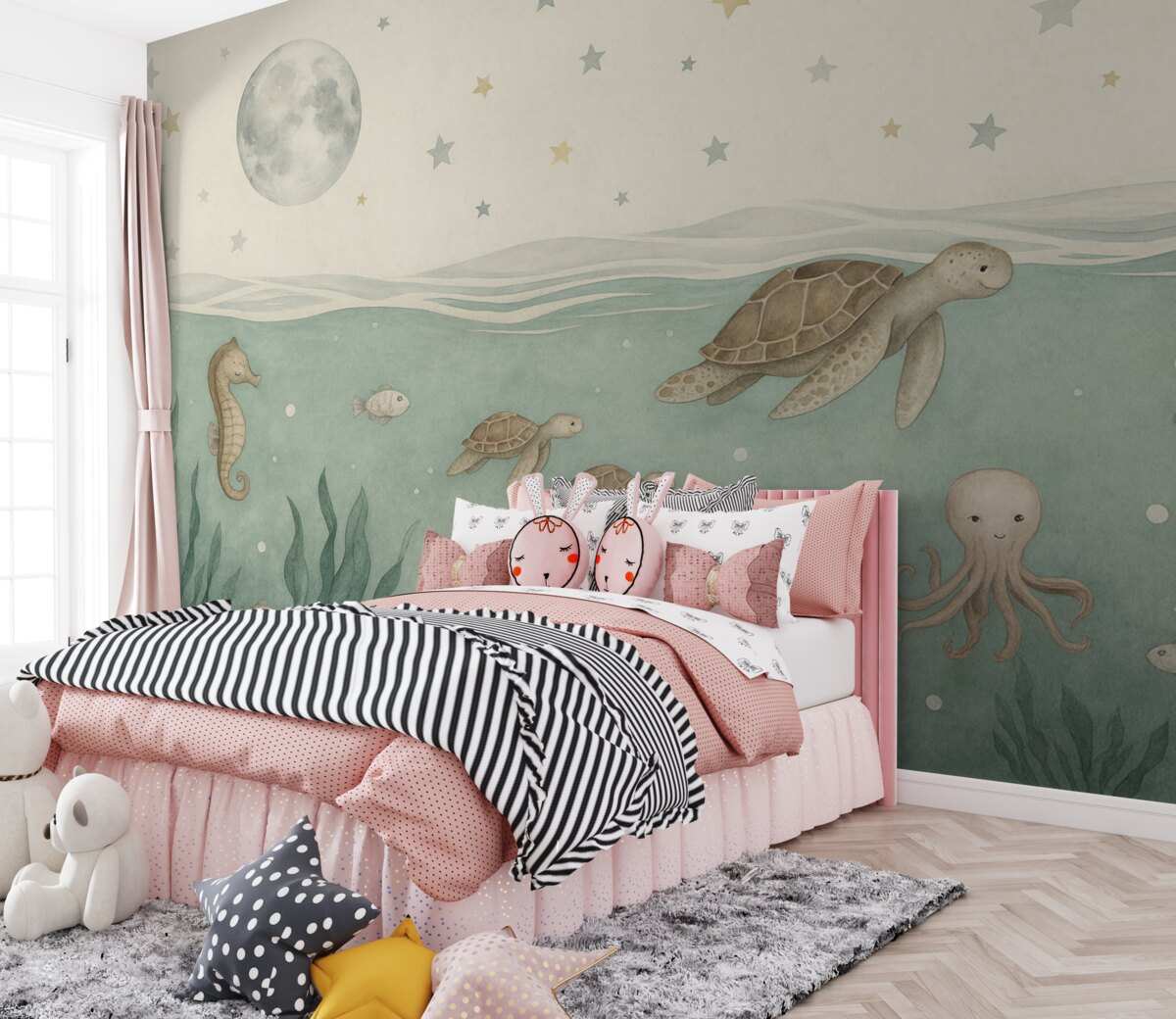 Fototapeta Motyw oceaniczny z żółwiami, konikiem morskim, rybkami i pełnią księżyca.