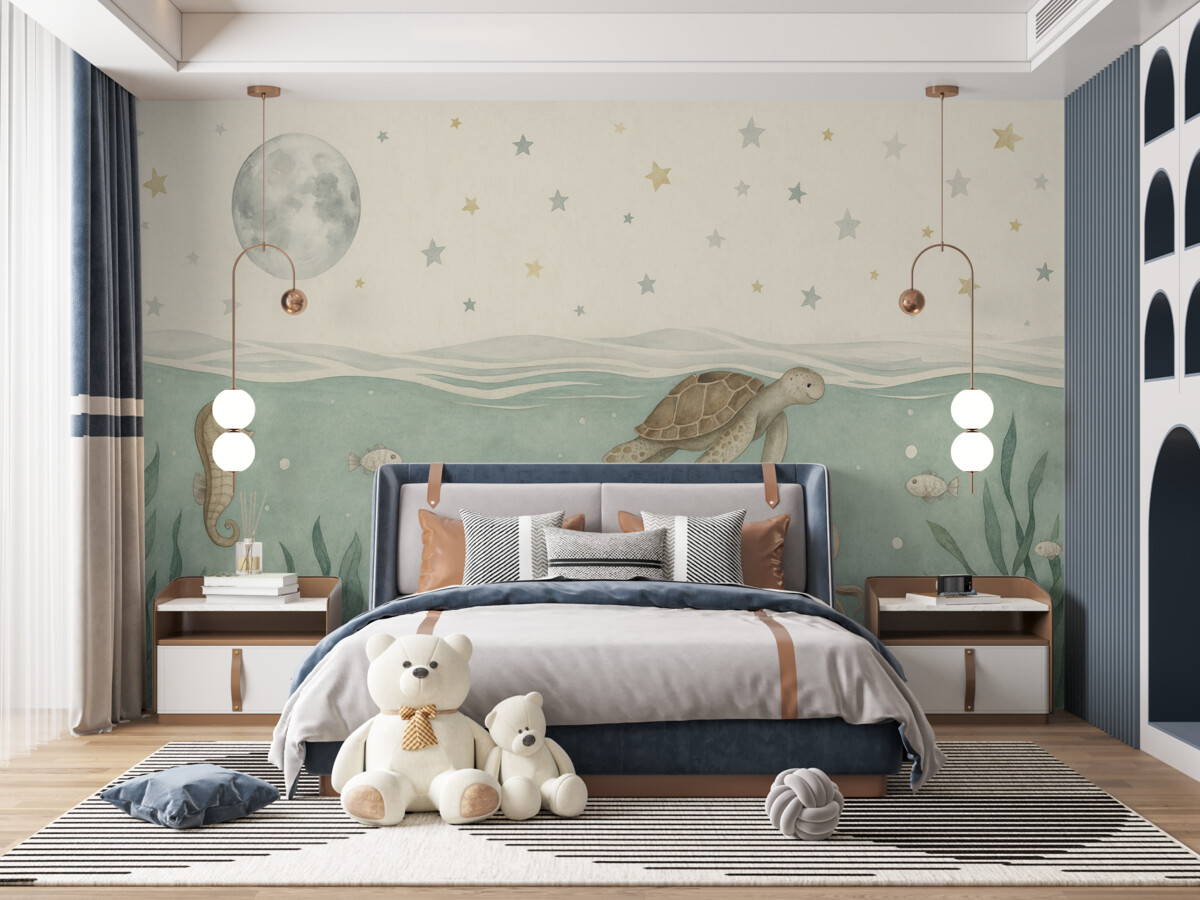 Fototapeta Motyw oceaniczny z żółwiami, konikiem morskim, rybkami i pełnią księżyca.