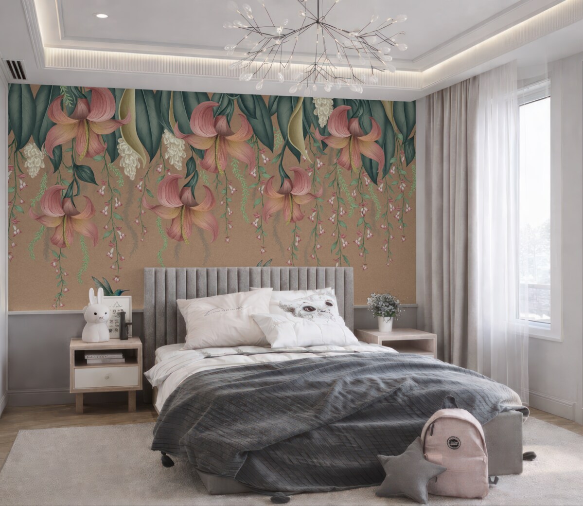 Fototapeta Subtelny motyw roślinny z zwisającymi liliami, kwiatami i kolibrami na zniszczonej ścianie.