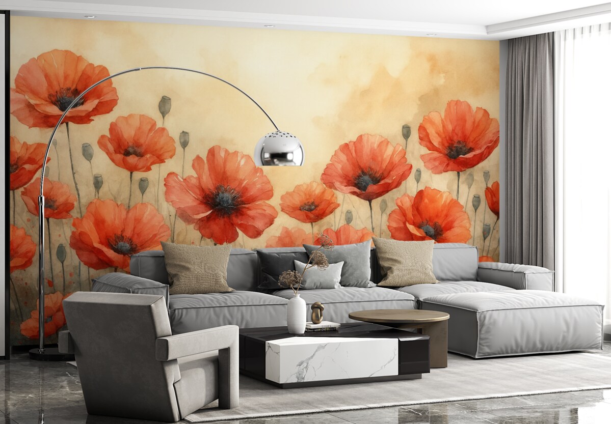 Fototapeta Maki w kolorze czerwonym malowane akwarelą.