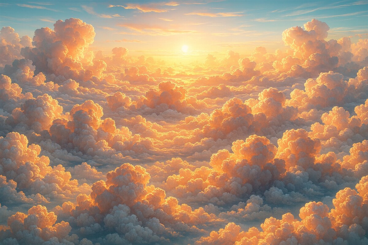 Fototapeta Przejrzyste niebo z licznymi chmurami na firmamencie w ciepłych odcieniach.