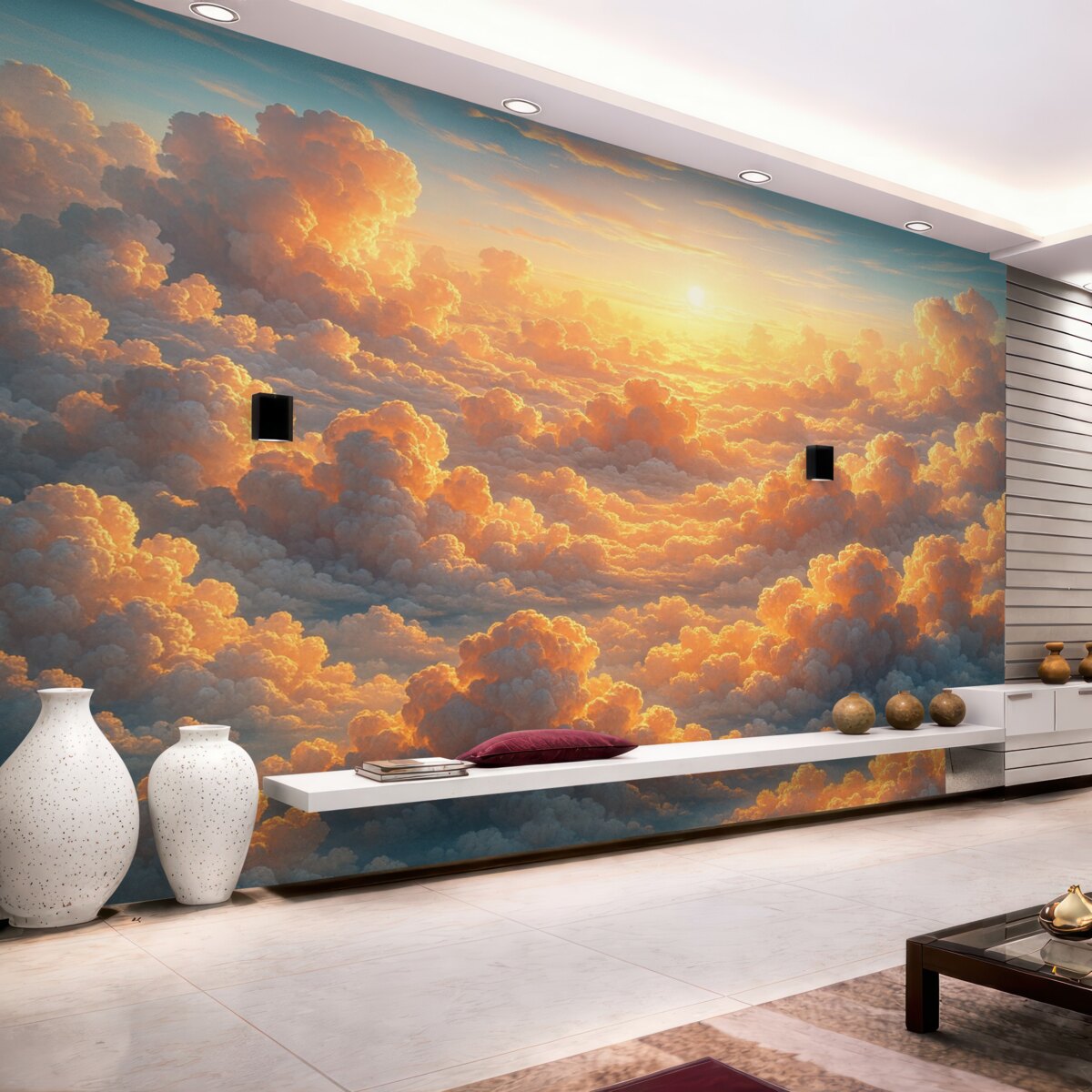 Fototapeta Przejrzyste niebo z licznymi chmurami na firmamencie w ciepłych odcieniach.