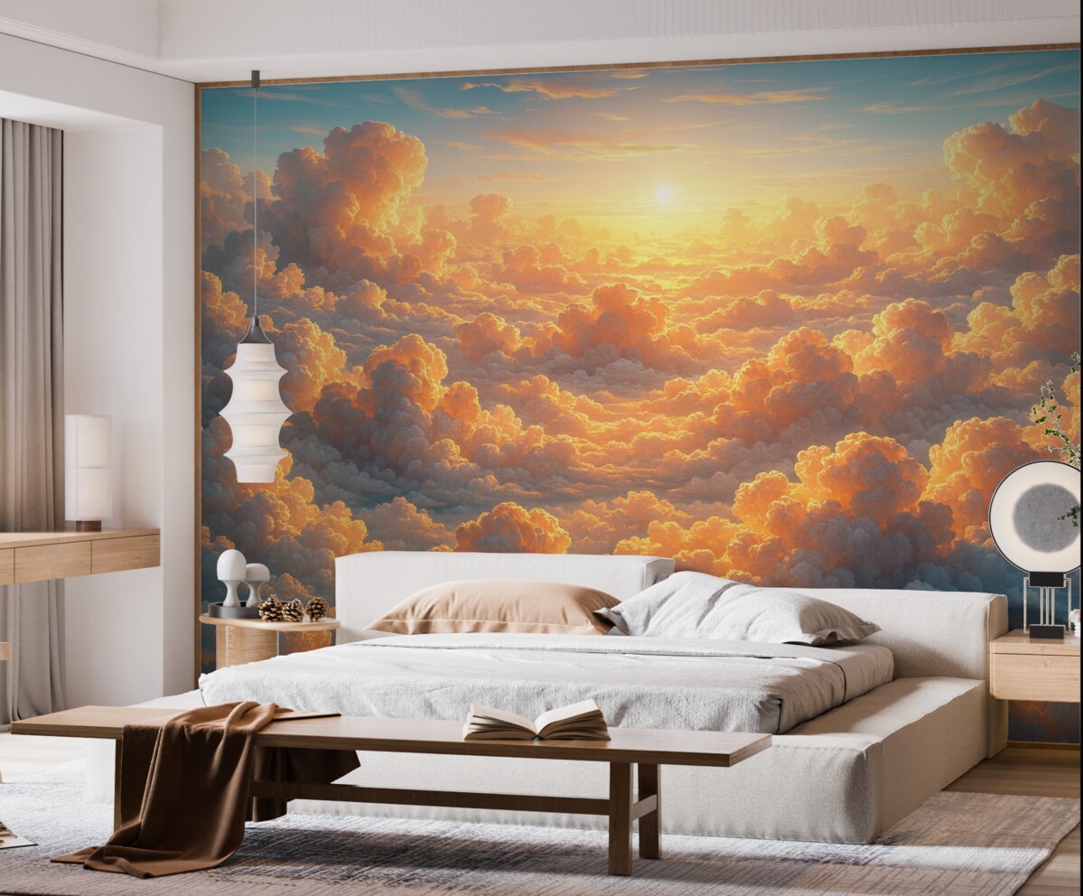 Fototapeta Przejrzyste niebo z licznymi chmurami na firmamencie w ciepłych odcieniach.