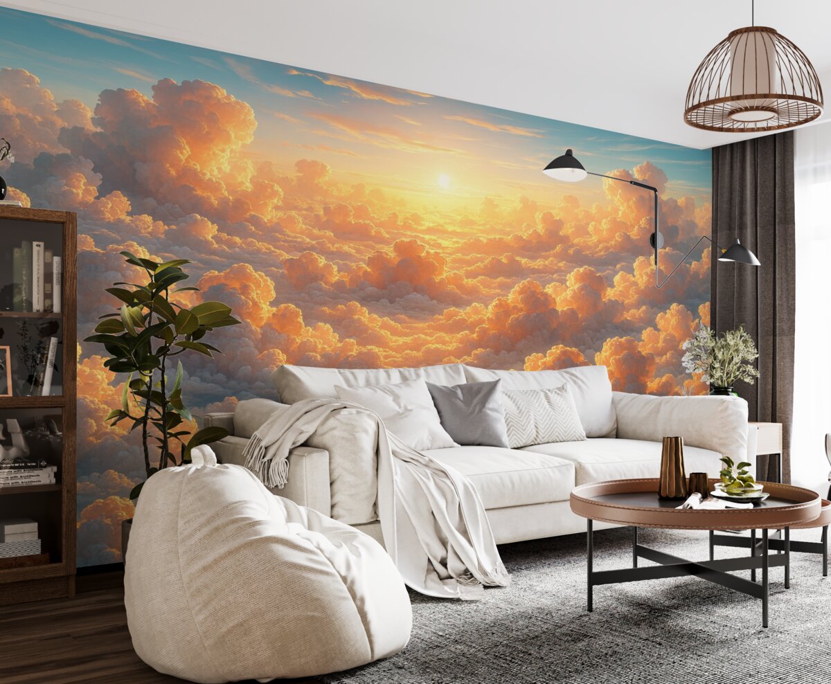 Fototapeta Przejrzyste niebo z licznymi chmurami na firmamencie w ciepłych odcieniach.