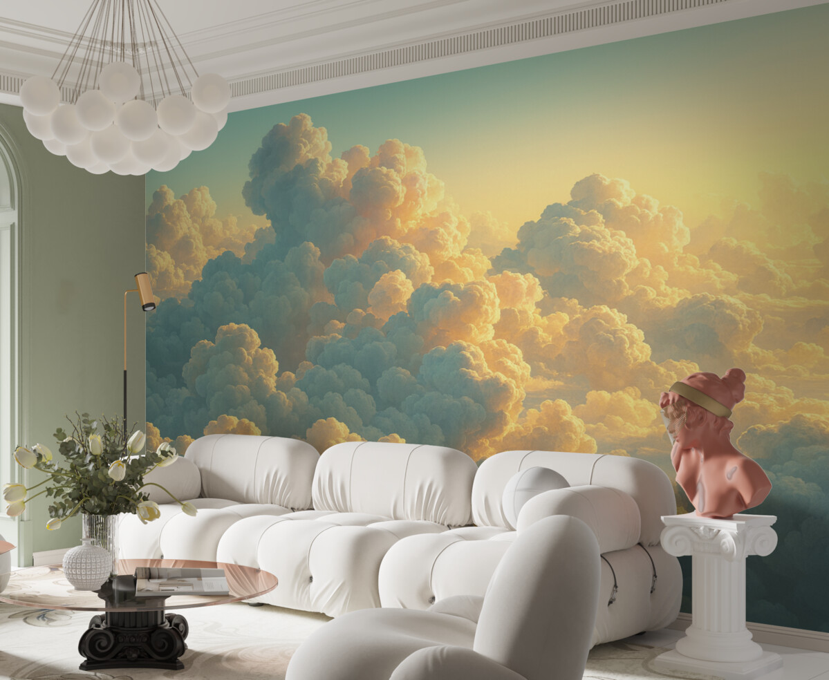 Fototapeta Czyste niebo z licznymi chmurami w jasnych odcieniach.