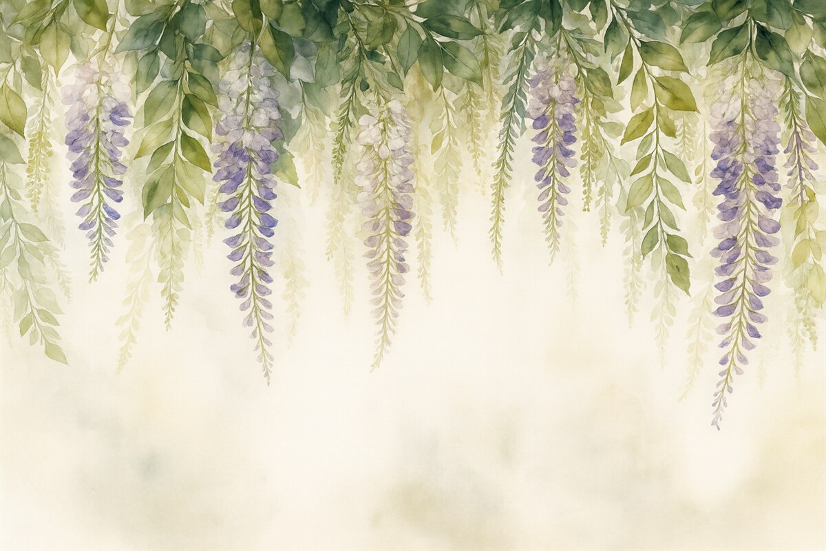 Fototapeta Dekoracja z kwiatów glicynii, florystyczna, akwarelowe barwy, naturalne odcienie.