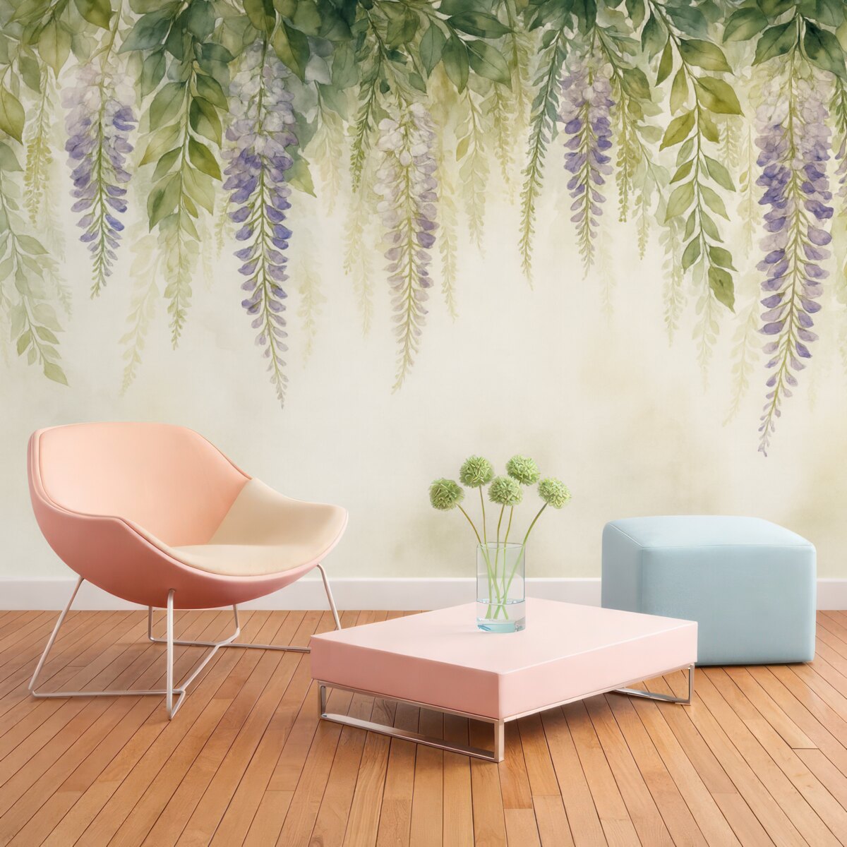 Fototapeta Dekoracja z kwiatów glicynii, florystyczna, akwarelowe barwy, naturalne odcienie.