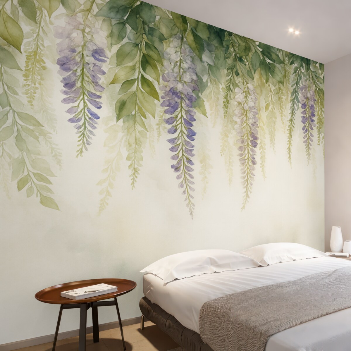 Fototapeta Dekoracja z kwiatów glicynii, florystyczna, akwarelowe barwy, naturalne odcienie.