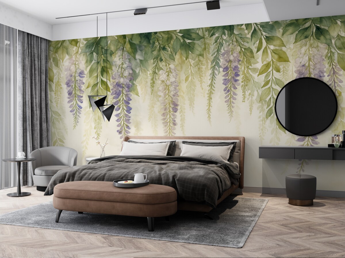 Fototapeta Dekoracja z kwiatów glicynii, florystyczna, akwarelowe barwy, naturalne odcienie.